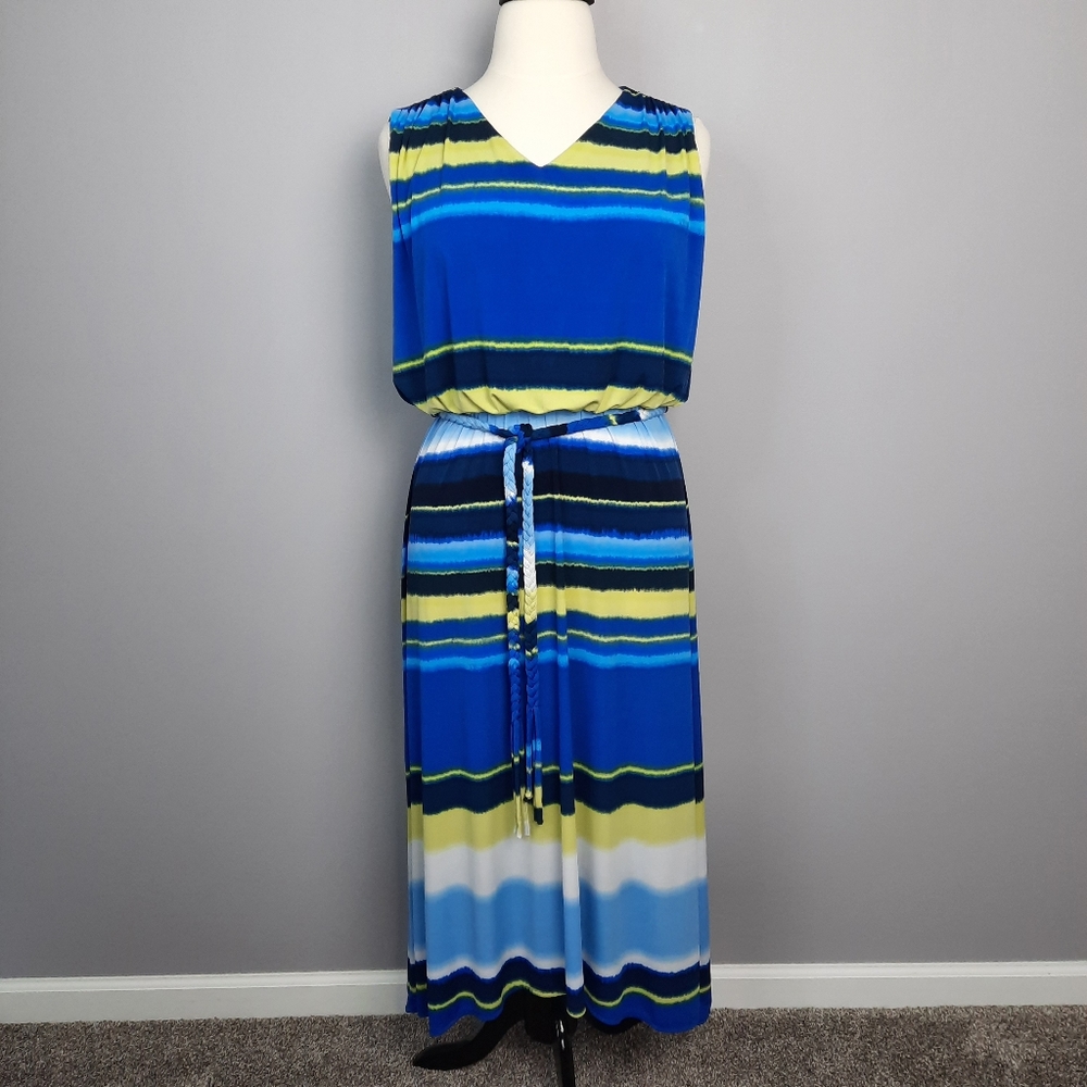 Chico's Blue and Yellow Striped Beachy Sleeveless Maxi Dress size XL